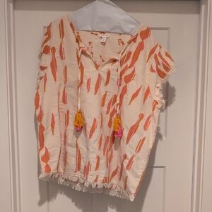 Orange and Pink Abstract Blouse with Elastic Hem